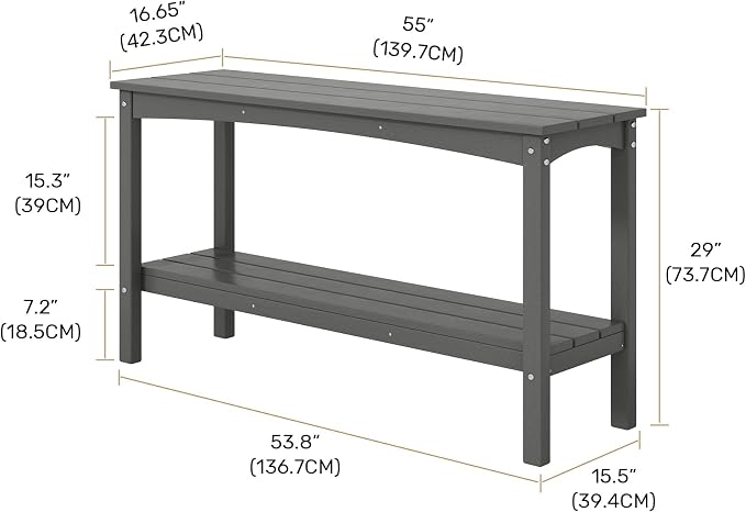 Costaelm Adirondack Outdoor Side Table, 55” HDPE Small Outside Table with Storage Shelf, Weather Resistant Plant Shelf, Outdoor Coffee Table and Buffet Table for Pool & Yard, Gray