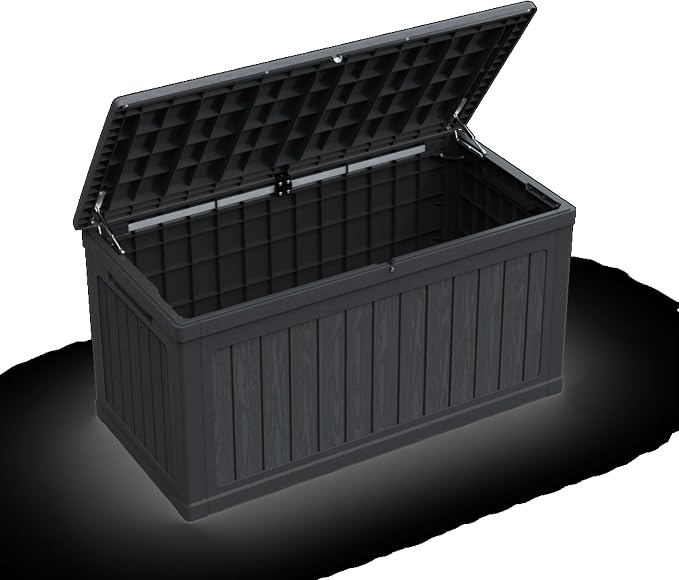 Large Outdoor Storage Deck Box, Resin Patio Container with Lockable Lid, Hydraulic Lift, Wood Texture Panels, Bench Table Function for Cushions Garden Tools Pool Gear Sports Equipment (230 Gallon)