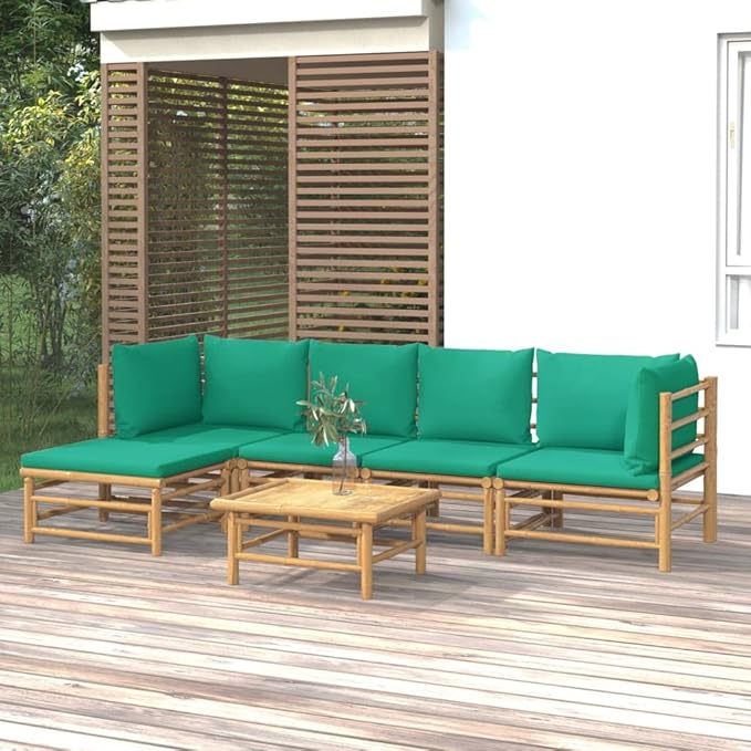 6 Piece Patio Lounge Set with Green Cushions, Porch Furniture Set Sectional Sofa Patio Conversation Set Front Porch Furniture for Negotiation Area Piazza Exhibition Garden Bamboo