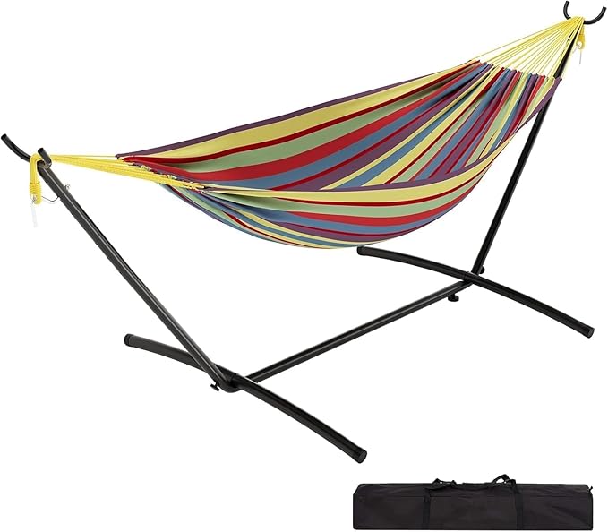Portable Hammock with Stand - 450lbs Heavy Duty Camping Hammock, Adjustable Steel Frame, Poly-Cotton Fabric, Carry Bag Included, Yellow Rainbow Stripes