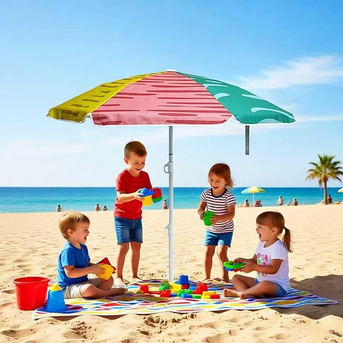 LOTTAFUN Water Table Kid Umbrella 5ft Beach Umbrella Diameter 0.99-1.2 Inch Pole Resistant UV 50+ Portable Sun Shade with Sand Anchor & Carry Bag, Outdoor Folding Umbrella for Beach,Pool,Patio,Garden (3 Color Block) NO Tilt The sand needs to be over 5 ...