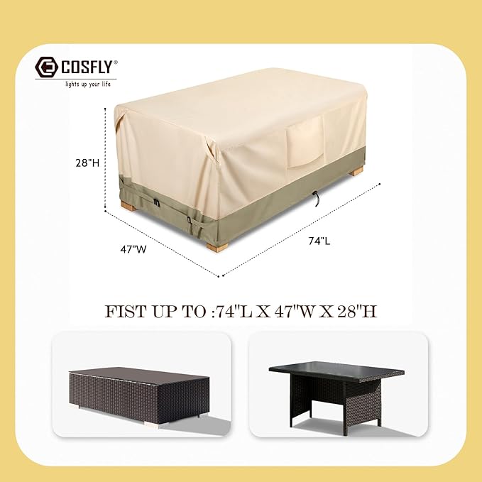 COSFLY Heavy-Duty Waterproof Patio Furniture Cover for Outdoor Table and Chairs Set - Fits 74L x 47W inch, 600D Oxford Fabric Ultimate Weatherproof Rectangular Cover with Adjustable Straps