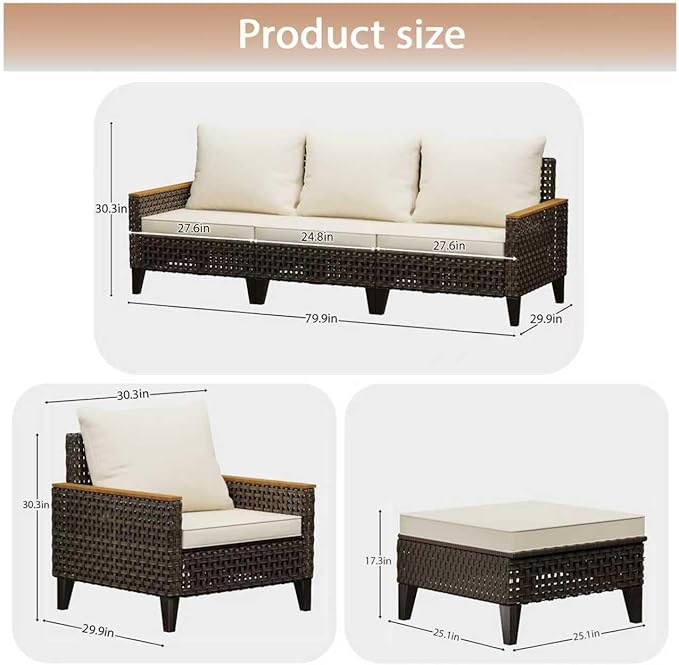 7 Piece Patio Sectional Sofa Furniture Set, All-Weather Wicker Rattan Outdoor Conversation Set with High Back and Thick Cushions, for Garden, Porch, Poolside, Beige