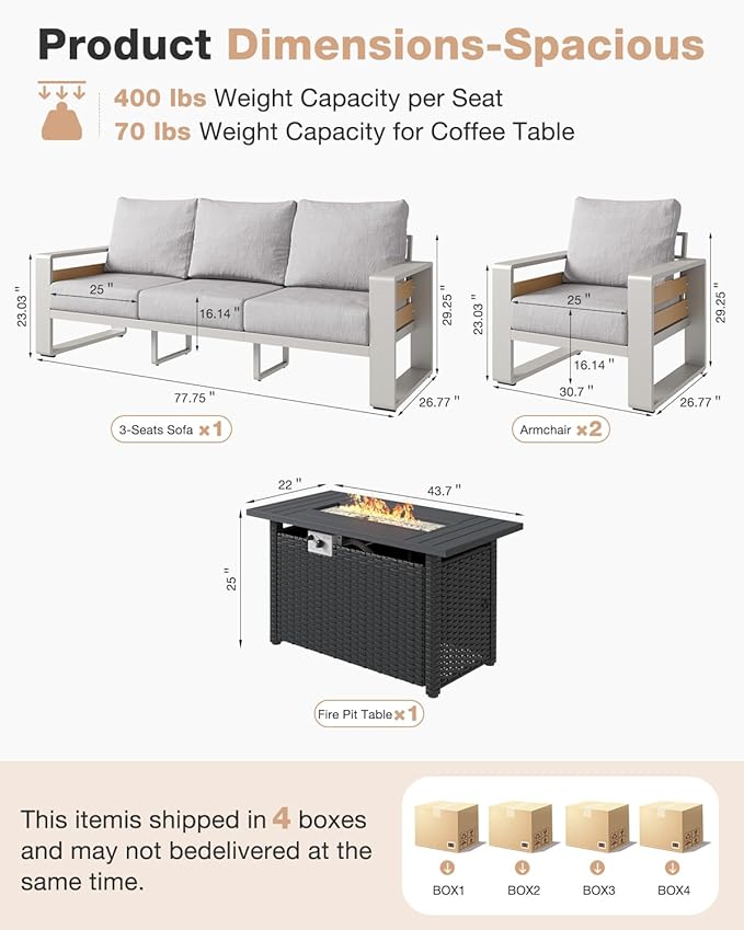 Aoxun Aluminum Patio Furniture Set with Fire Pit Table, 5 Seats Luxury Outdoor Sectional with 6" Olefin Fabric Cushions, Patio Conversation Sets with Waterproof Cover for Backyard, Deck Grey