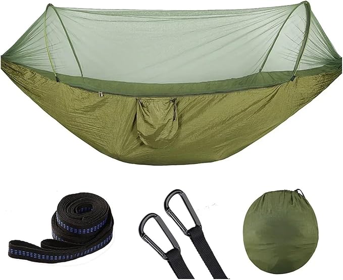 Hammock Camping Hammock with Mosquito Net Pop-Up Light Portable Outdoor Parachute Hammocks Swing Sleeping Hammock Camping Stuff Quick-Opening(Green)