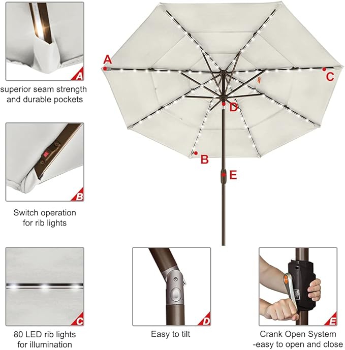 EliteShade USA 10-Year-Non-Fading 9ft 3-Tier Market Patio Umbrella, Commercial Table Umbrella with 80 Solar LED Lights, Crank Open, Windproof & UPF 50+ UV Protection for Garden, Deck, Pool, Backyard, Natural