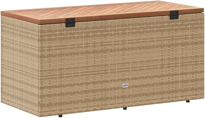 Patio Storage Container for Backyard, Porch, Garden, Patio Storage Box, Outside Deck Box, Garden Storage Box, Beige 43.3"x19.7"x21.3" Poly Rattan Acacia Wood,-743