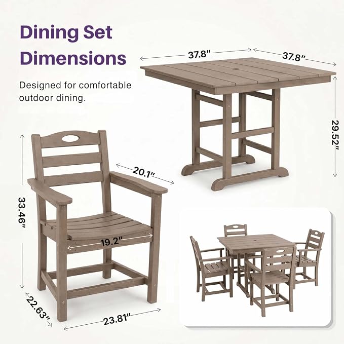 WILLIAMSPACE 37.8" Outdoor Patio Dining Set with 4 Armchairs, All Weather HDPE Square Dining Table with Umbrella Hole, Patio 5-Piece Bistro Set for Backyard, Balcony, Lawn, Kitchen (Brown)