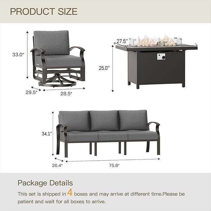 Aluminum Patio Furniture Set with 55,000 BTU Propane Fire Pit Table,5 Seats Metal Modern Outdoor Furniture w/5.1" Cushions,Patio Sectional w/Swivel Chairs for Backyard,Patio,Grey