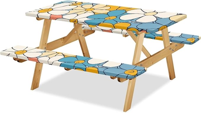 Cute Floral Picnic Table Cover with Bench Covers with Elastic Band Outdoor Camping Tablecloth Water and Oil Repellent Elastic Picnic Table Cover Suitable for Family Gatherings Vacations