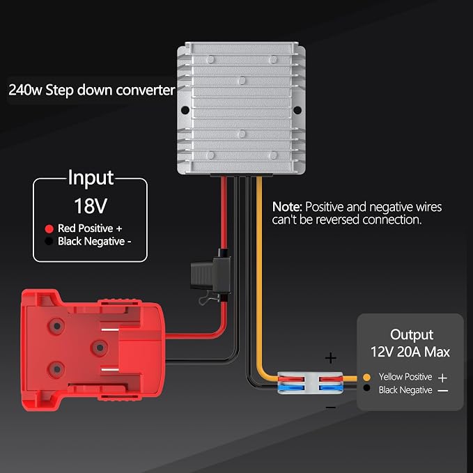 Upgraded 18V to 12V Step Down Power Aadpter Works with Milwaukee 18V Battery, DC 18V to DC 12V 20A 240W Power Wheel Converter, Buck Boost Voltage Regulator with Low Voltage Protection and Fuse