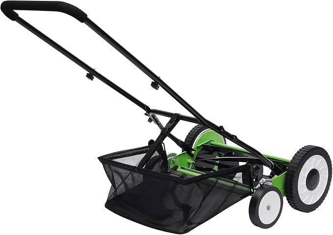 16-Inch 5-Blade Push Reel Lawn Mower, Cordless Manual Reel Lawn Mower Walk-Behind Steel Lawn Mowers with Removable Grass Catcher, 9-Position Cutting Height Adjustment