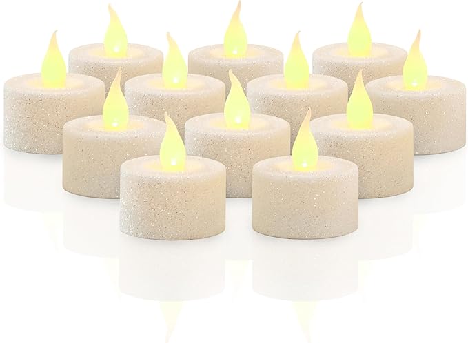 FURORA LIGHTING White Glitter LED Tealight Candles Pack of 12, Flameless Flickering Tealight Candles for Home Décor, 1.5’’(W) x 1.65’’(H), Battery Operated