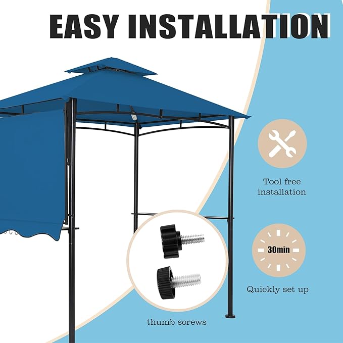 FAB BASED 5x8 Grill Gazebo with Extra Awning, All-Weather Steel Construction, Double Tiered & Resistant Canopy Roof, Metal Serving Shelves, 2 LED, Bottle Opener for Patio, Backyard, BBQ (Blue)