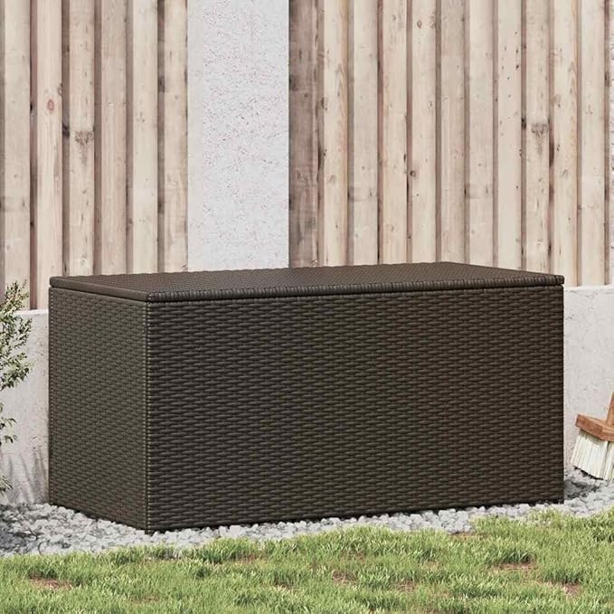 Outdoor Storage Box Brown Polyethylene Rattan Powder-Coated Steel Weather-Resistant Garden Organizer with Gas Lift Lid for Patio Balcony