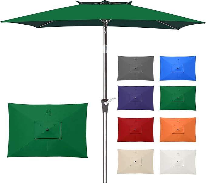 6.6 x 10 ft Rectangular Patio Umbrella, Outdoor Market Table Umbrella with Push Button Tilt and Crank, Double-Tier Vent, 6 Ribs, Rectangle Patio Umbrella for Backyard, Deck, Pool, Fits 4–6 Chairs and Tables (Dark Green)