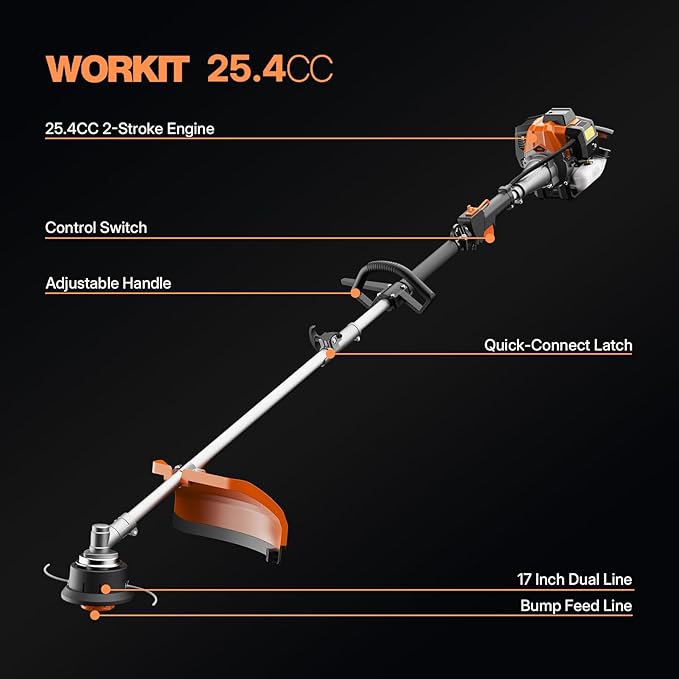 WORKIT 25.4CC Gas String Trimmer 3 in 1 Weed Wacker Commercial Grade 2-Cycle Gas Weed Eater with 17" String Trimmer, Edger & Heavy Duty Brush Cutter - Includes 40T/3T Blades & Shoulder Strap