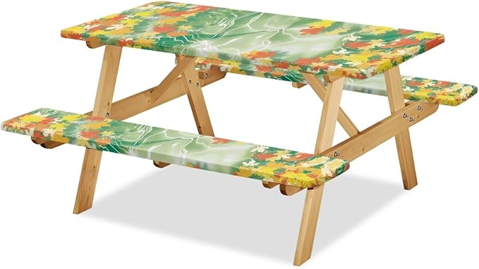 Yellow Flower Picnic Table Cover with Bench Covers Washable Outdoor Camping Tablecloth Summer Abrasion Resistant Waterproof Picnic Table Cover 3 Piece Set