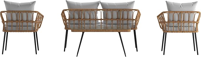 Flash Furniture Evin Boho 4 Piece Patio Conversation Set - Natural Rope Rattan - Gray All-Weather Cushions - Tempered Glass Top Coffee Table - Indoor/Outdoor