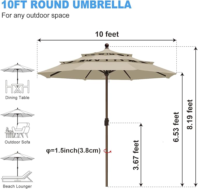 Eurmax USA 10-Year-Non-Fading 10FT 3-Tier Outdoor Patio Market Umbrella,UPF50+ UV Resistant,Heavy Duty Commercial Grade,Crank Lift Design,Windproof Vented Top for Garden,Pool,Deck,Antique Beige