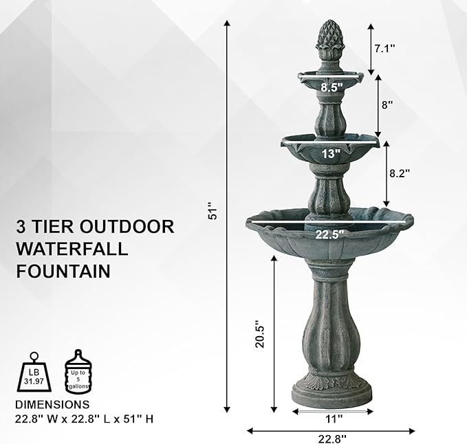 XBrand 51" 3-Tier Outdoor Freestanding Waterfall Fountain with Pump and Pineapple Finial, Gray