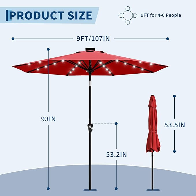 Garvee 9FT Solar Patio Umbrella with 32 LED Lights - Outdoor Table Umbrella with Crank Lift, Push Button Tilt and 8 Sturdy Ribs - Market Umbrella UV Protection for Pool, Deck, Yard, Garden -Red
