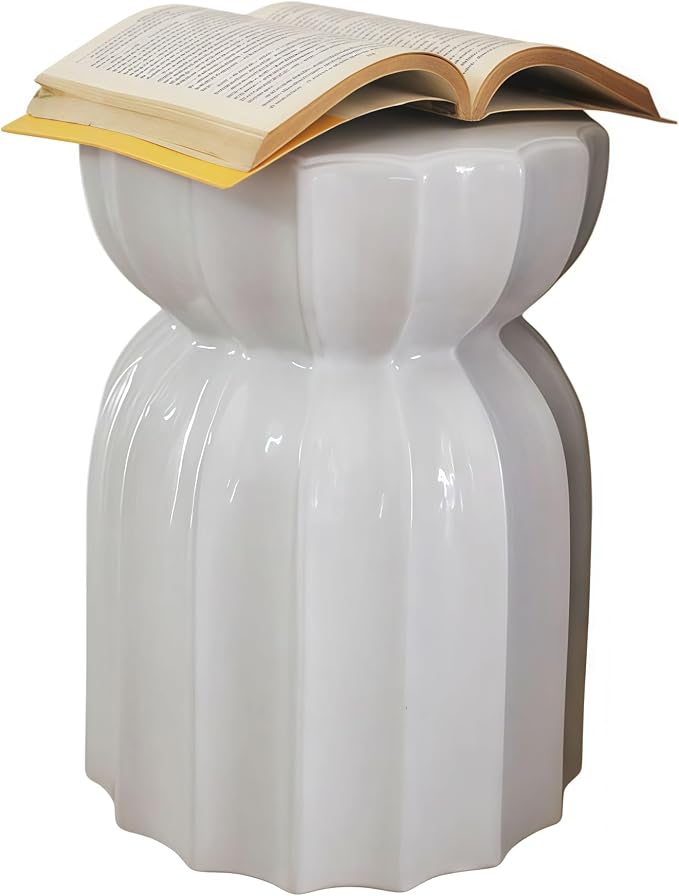 Decorative Ceramic Garden Stool, Hand-Crafted Outdoor Side Table, Shoe Changing Drum Stool for Patio, Living Room Accent Furniture(White 4)