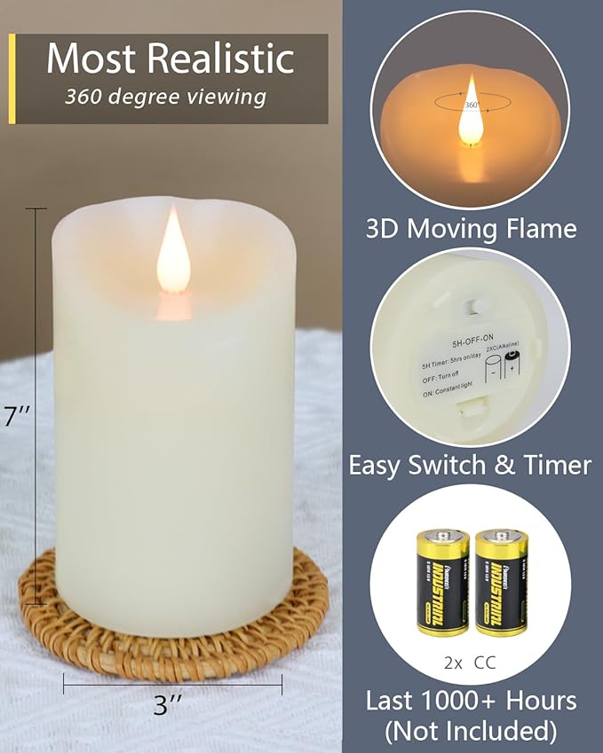 TECHLONG Flameless Candles Flickering 3D Moving Flame, Last 1000+ Hours Battery Operated Candles with Timer, Ivory Real Wax Electric LED Pillar Candles for Home Wedding Decoration | 3" x 7"