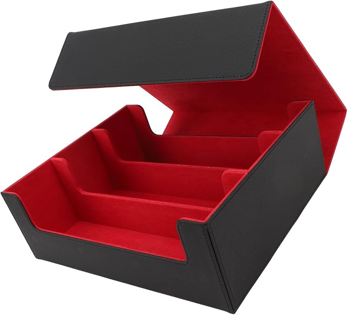 Card Deck Box with Magnetic Closure 3Row Large Capacity PU Leather Storage Case for Tarot and Game Cards (Black Shell with Red Lining)