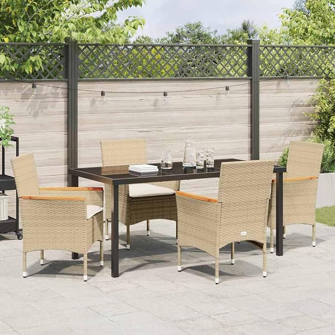 5-Piece Garden Dining Set with Cushions, Modern Outdoor Patio Furniture for 4, Poly Rattan Table and Chairs for Backyard, Poolside, Deck, Beige