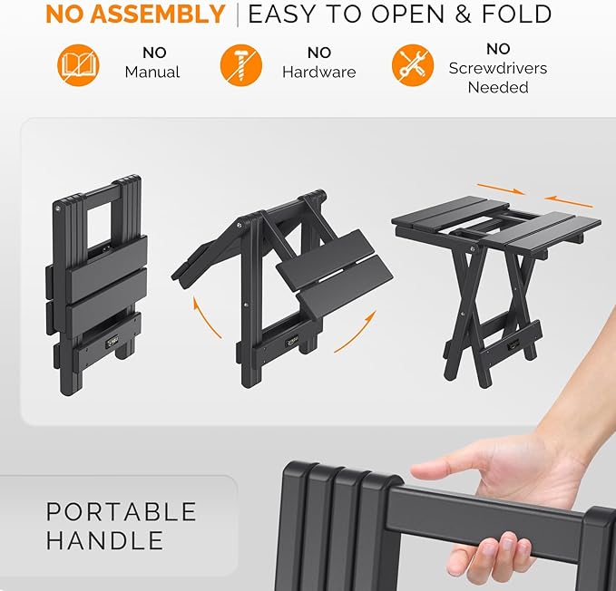 VINGLI Small HDPE Folding Side Table, Plastic Waterproof Portable Adirondack Coffee End Tables, All Weather for Patio, Backyard, Pool, Indoor Use, Slats Style, Black