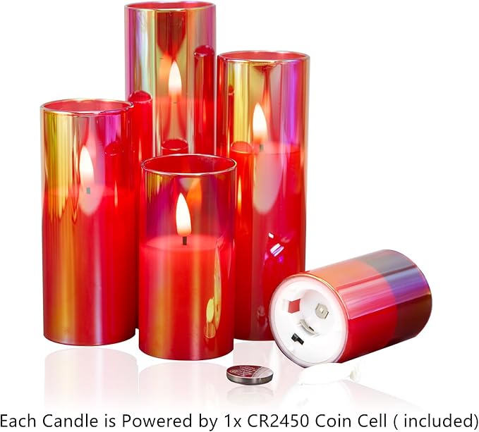 Eywamage Red Glass Flameless Candles with Remote Batteries, Flickering Slim Tall LED Pillar Candles Set of 5