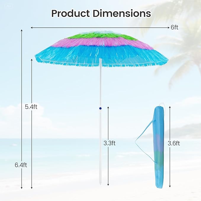 Tangkula 6FT Tiki Patio Umbrella, Hawaiian Style Thatched Market Table Umbrella with Carrying Bag, Tilt Design, 8 Ribs, Tropical Outdoor Umbrella for Beach Patio Garden Pool Backyard