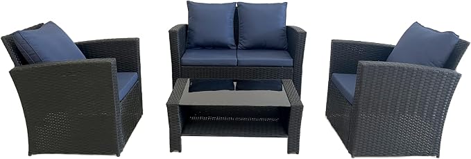 4 Piece Patio Furniture Set, All-Weather Wicker Sectional Conversation Set with Tempered Glass Table & Cushioned Sofa,Outdoor Sofa for Garden, Porch, Backyard (Black-Blue)