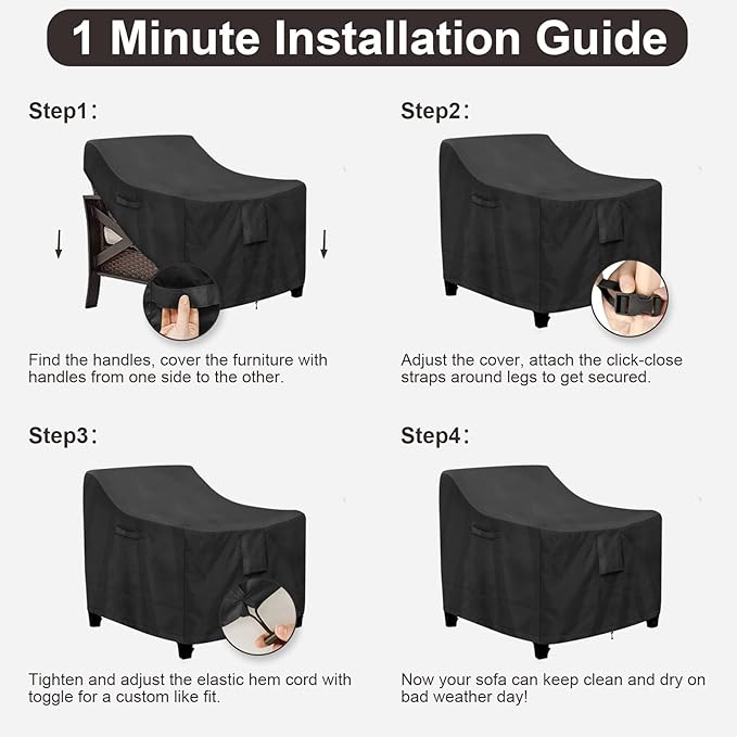 PureFit Outdoor Chair Covers Waterproof 2 Pack Patio Furniture Lawn Chair Covers for Outdoor Furniture with Air Vent and Padded Handles, Fits up to 28W x 30D x 31H Inches, Black
