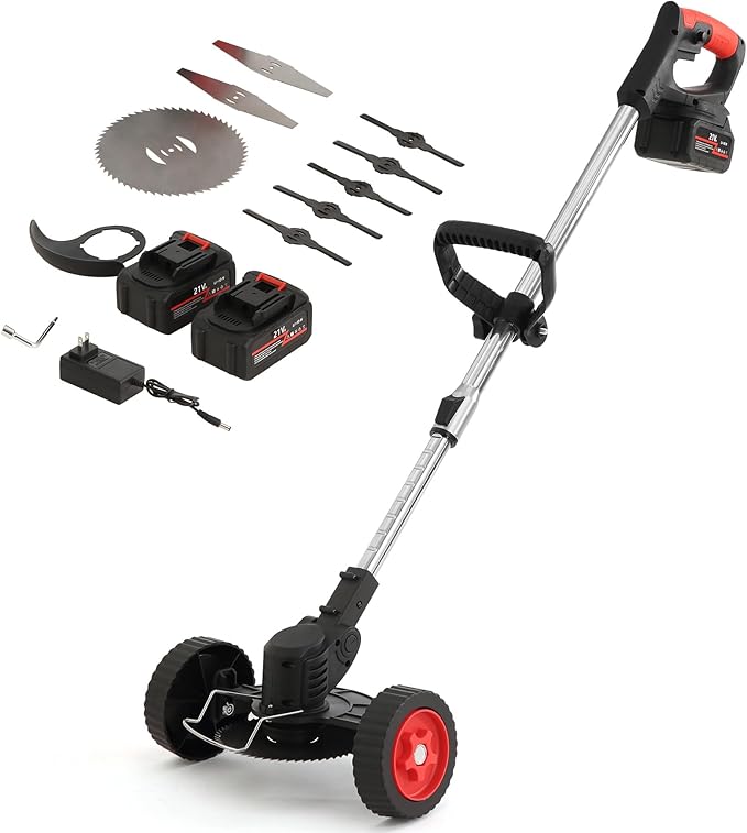 Yocada Cordless String Trimmer 2 in 1 Weed &Edge Trimmer Electric Grass Wacker 47" Telescopic Pole with Handle&Wheel for Garden Yard Lawn(2 * 21V Battery&1*Charger)