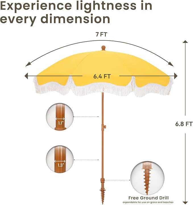 PHI VILLA 7ft Fringe Beach Umbrella with Sand Anchor, Outdoor Patio Portable Beach Umbrella for Sand with Tassels, Push Button Tilt & Carrying Bag, UPF 50+, Yellow