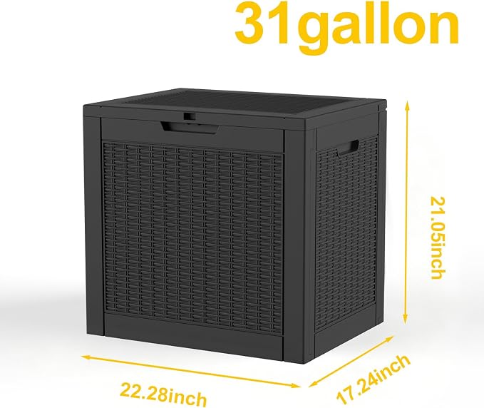 31 Gallon Deck Box, Waterproof Outdoor Storage Boxes For Garden Tools,Indoor Cushions,Accessories Outside Storage Resin Lockable Weatherproof Container(Black)