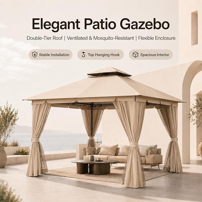Kingdura 10'x13' Outdoor Gazebo, Heavy Duty Metal Patio Canopy Tent Shelter with Double Roof, Mosquito Netting & Privacy Curtains for Backyard, Garden, Deck, Lawn, Khaki