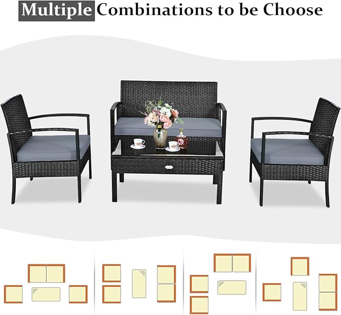 Tangkula 8-PCS Wicker Patio Conversation Furniture Set, Outdoor Rattan Chair and Table Set, Patio Furniture Sets with Coffee Table & Washable Cushions for Courtyard Balcony Garden (2, Black)