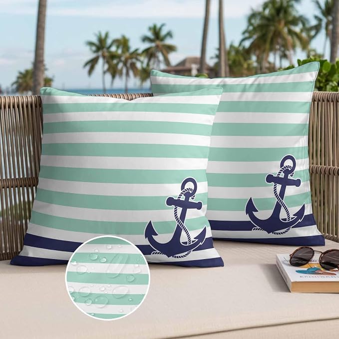 Throw Pillow Covers 24x24 Inch Set of 2, Anchor Aqua Waterproof Outdoor Cushion Covers, Modern Navy Blue White Striped Nautical Decorative Pillowcases for Couch, Sofa, Bed, Garden, Patio