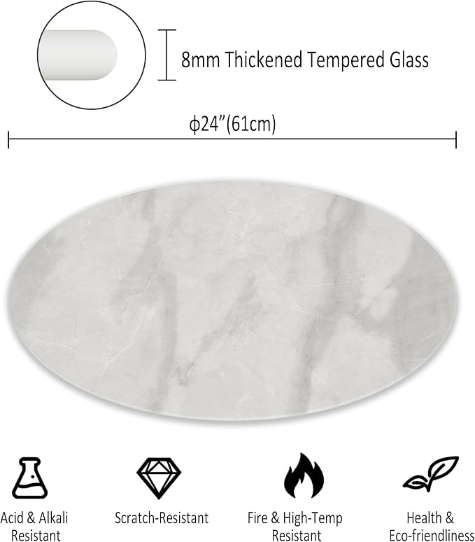24" Round Tempered Glass Table Top, Marble Glass Surface Protector Heat & Scratch Resistant Multipurpose for Dining, Coffee, Restaurant, Office and End Table (Grey Marble Pattern, 24 Inch)