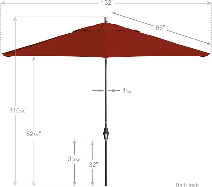 California Umbrella 11Ft Premium Sunbrella Patio Umbrella, Hand-Crank, Tilt-Collar, Gray Frame, Terracotta Fabric