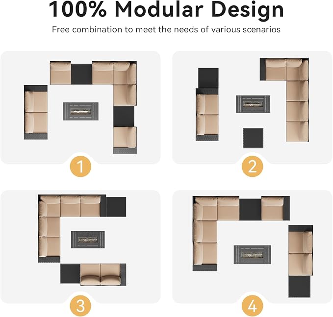 Aoxun Patio Furniture Sets with 44'' Fire Pit, 10 Pcs Outdoor Patio Coversation Set with 4'' Thicken Cushion and Coffee Table, Widen Armrests Wicker Outdoor Sectional for Backyard & Garden, Beige