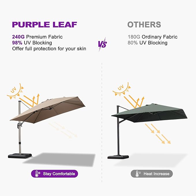 PURPLE LEAF 9' X 11' Patio Umbrella, Rectangle Outdoor Cantilever Umbrella, Aluminum Offset Umbrella with Champagne Frame and 360° Rotation for Pool Deck Garden, Taupe