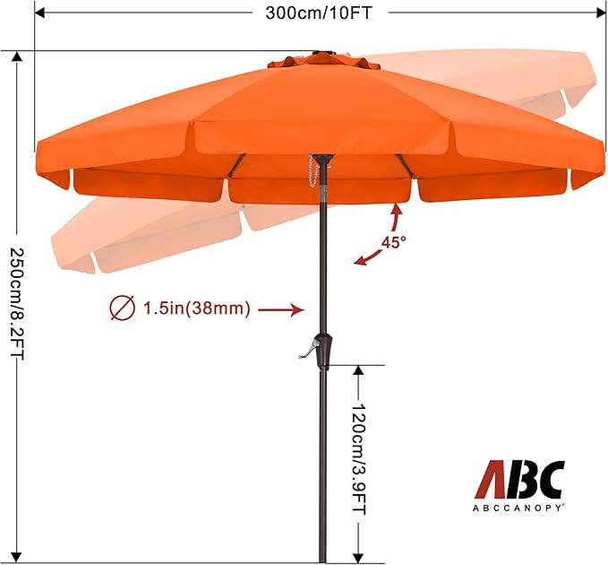 ABCCANOPY 10ft Scalloped Patio Umbrella, Outdoor Table Umbrella with Tilt and Crank, Fiberglass Ribs Deck Umbrella for Patio, Pool, Garden, Picnic (Orange)