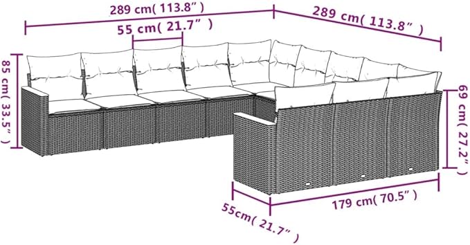 11 Piece Patio Sofa Set with Cushions, Outdoor Sofa Sets Porch Furniture Set Patio Conversation Set Outdoor Dining Sets for Poolside Negotiation Area Exhibition Piazza Black Poly Rattan