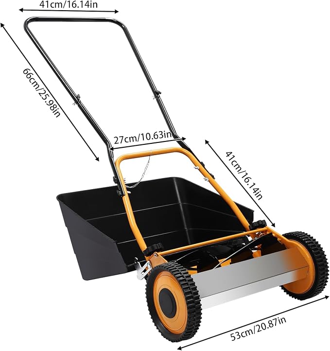 16 inch Push Reel Lawn Mower with Grass Catcher Orange Black Lawn Sweeper with Collection Box Adjustable Height Manual Push Lawn Mower 5-Blade Lawnmower for Gardens Lawns (16" Orange Black)