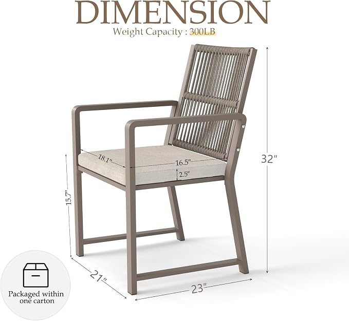 Outdoor Patio Wicker Rattan Dining Chairs, Heavy-Duty Wrought Iron Frame Supports 400lbs, Ergonomic Backrest, Detachable Breathable Cushion, for Garden & Porch, Light Brown, Set of 2