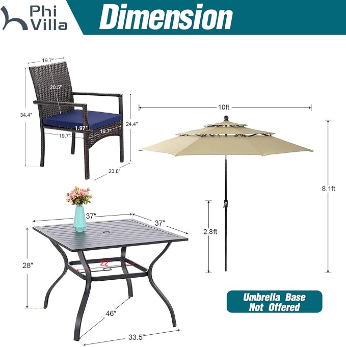 PHI VILLA 5pc Patio Dining Set with Umbrella, Square Table, Rattan Chairs | Includes 37" square metal table, 4 cushioned rattan chairs, and 10ft beige umbrella. Perfect for patio, deck, yard, or porch